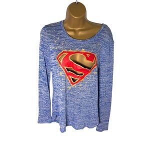 Superman Logo Cutout Knit Sweater Heathered Blue Long Sleeve Juniors M